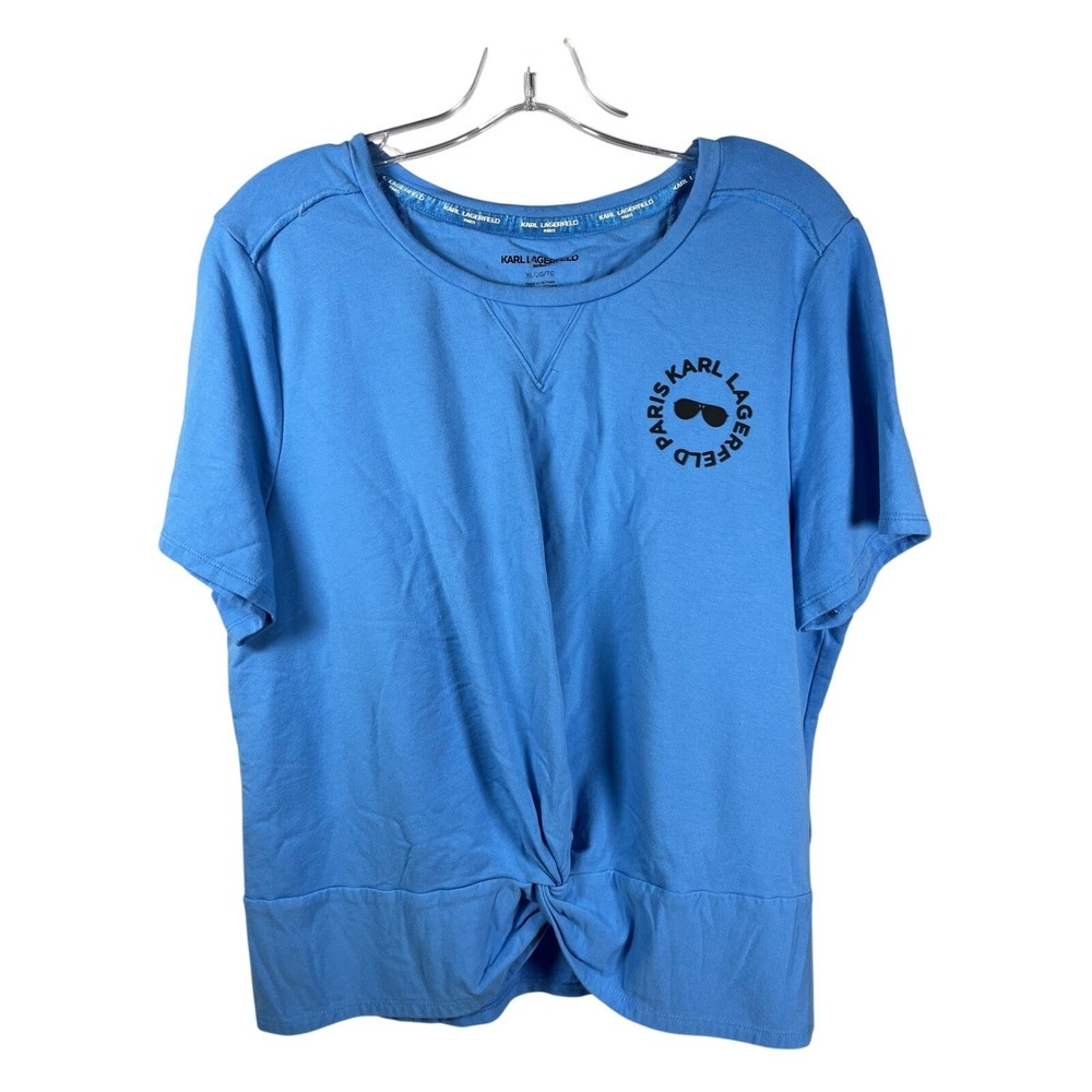 KARL LAGERFELD PARIS Blue Twist Front Graphic‎ T Shirt XL TG